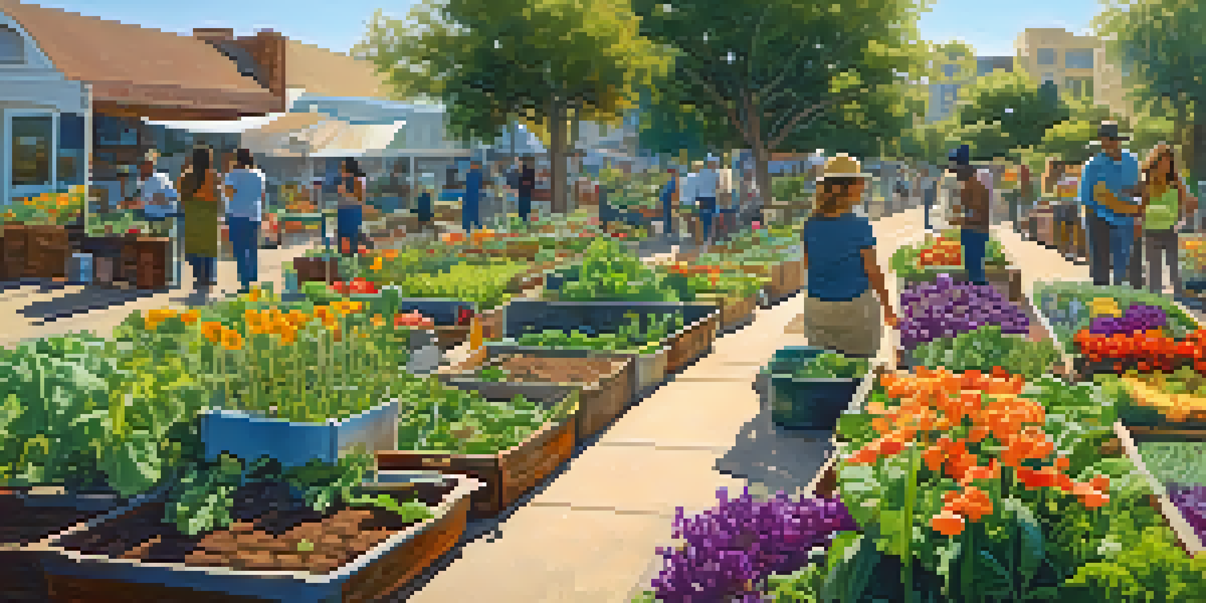 A colorful community garden with people gardening, flowers, and vegetables in San Diego under bright sunlight.