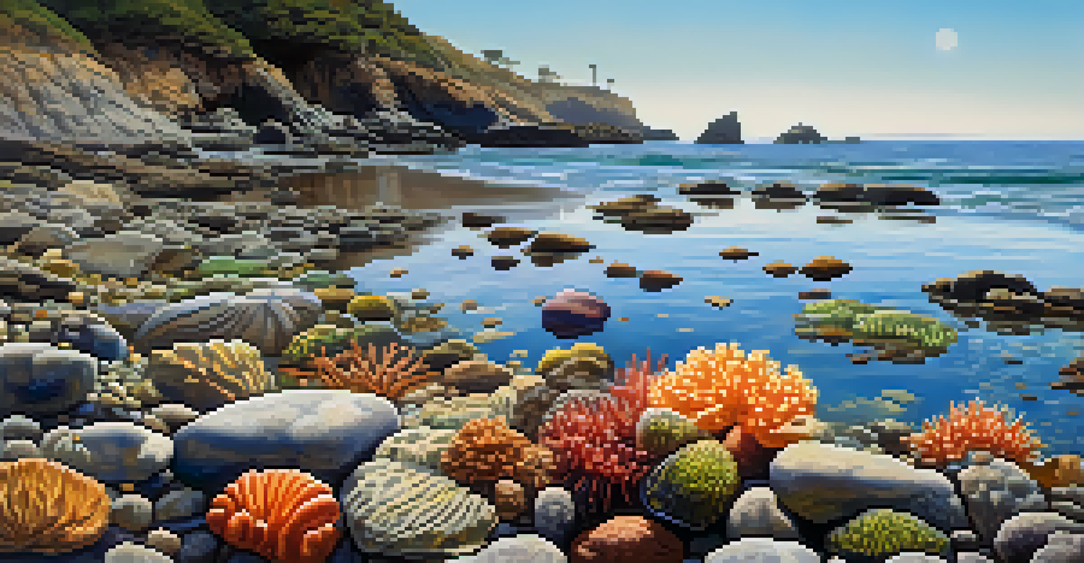 Close-up of a rocky intertidal zone in San Diego showcasing vibrant marine life like starfish and sea anemones in tidal pools.