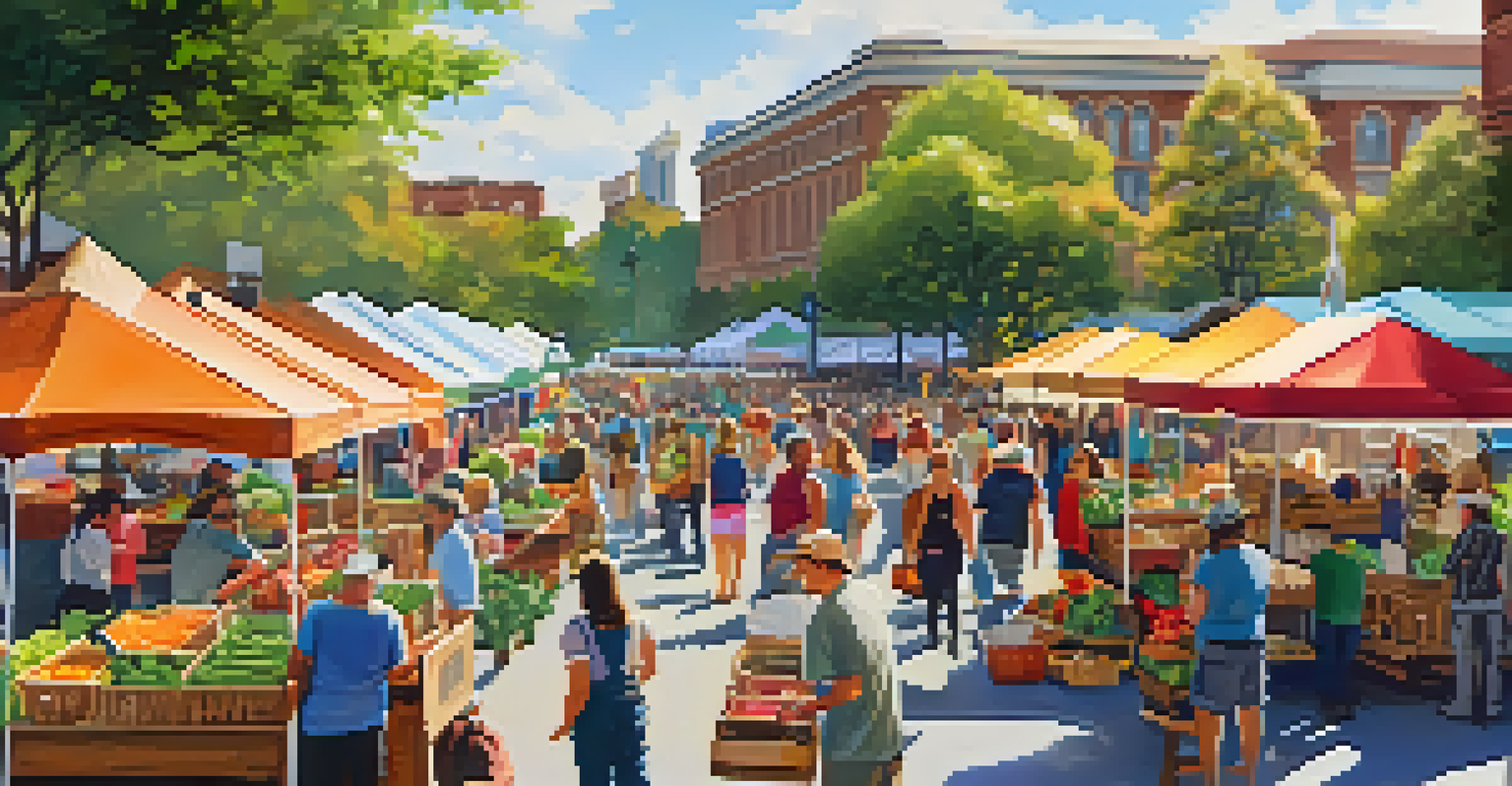 A bustling farmers' market in Waterfront Park, featuring stalls of fresh produce and handmade goods, with people enjoying the lively atmosphere.