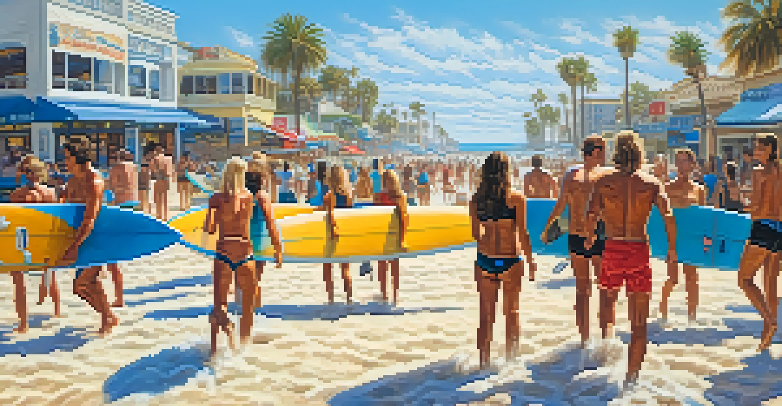 Surfers riding waves at Pacific Beach, with a lively boardwalk filled with shops and restaurants in the background, against a bright blue ocean.