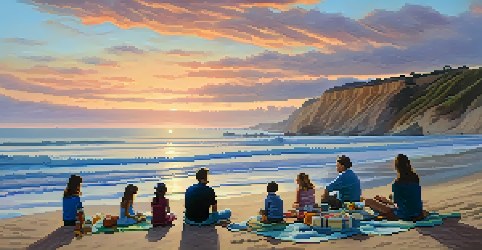 A family having a peaceful picnic at Torrey Pines State Beach during sunset, with beautiful cliffs and a colorful sky.