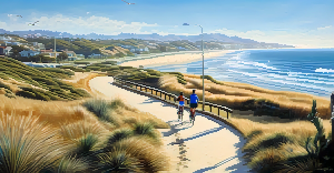 A family cycling along the Silver Strand coastal path with ocean views and dolphins in the distance.