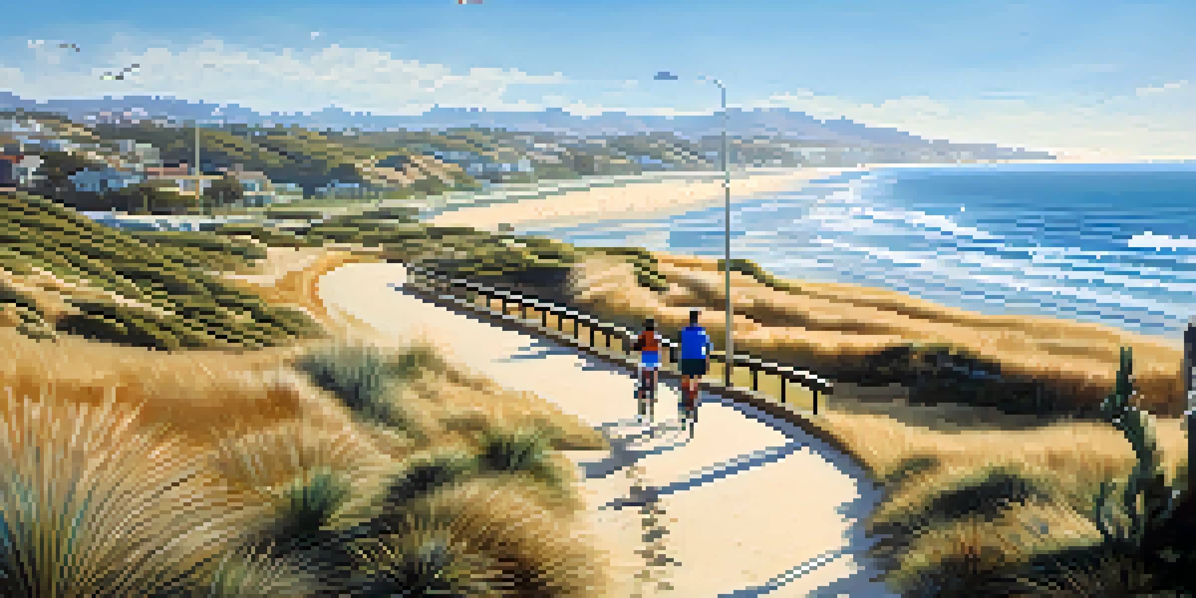 A family cycling along the Silver Strand coastal path with ocean views and dolphins in the distance.
