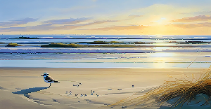 A peaceful beach scene in San Diego with a Western snowy plover nesting in a marked area, illuminated by warm golden sunlight.