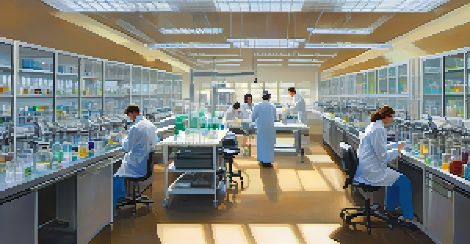 A modern biotech laboratory with researchers working and advanced equipment in a well-lit space.