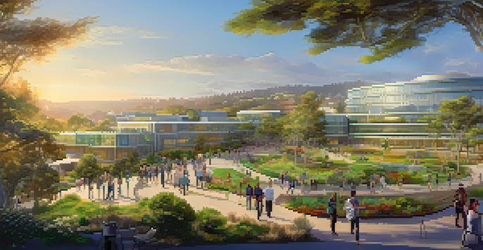 A wide view of UC San Diego campus with bright sunlight, students collaborating among modern biotech buildings and greenery.