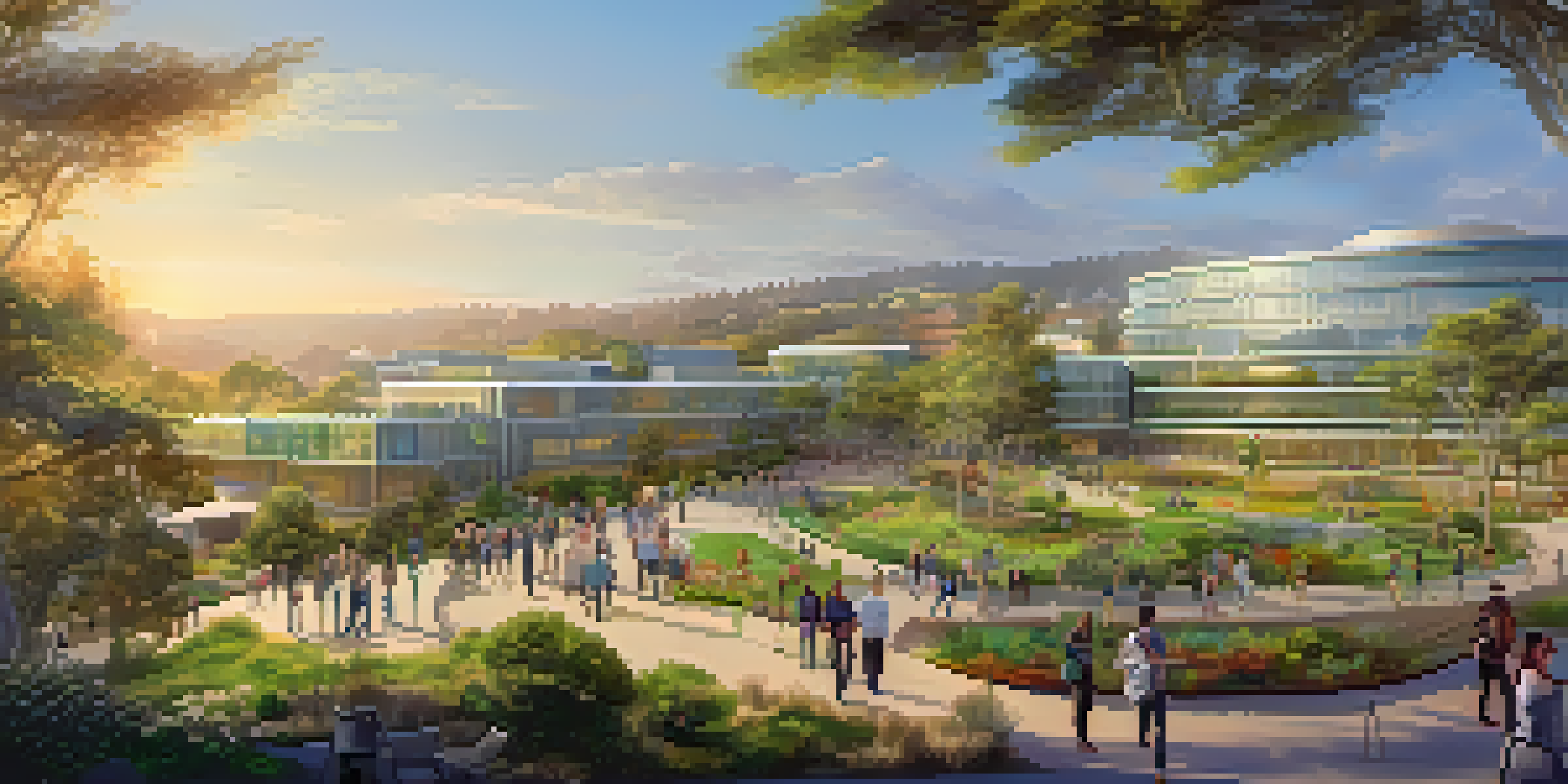 A wide view of UC San Diego campus with bright sunlight, students collaborating among modern biotech buildings and greenery.