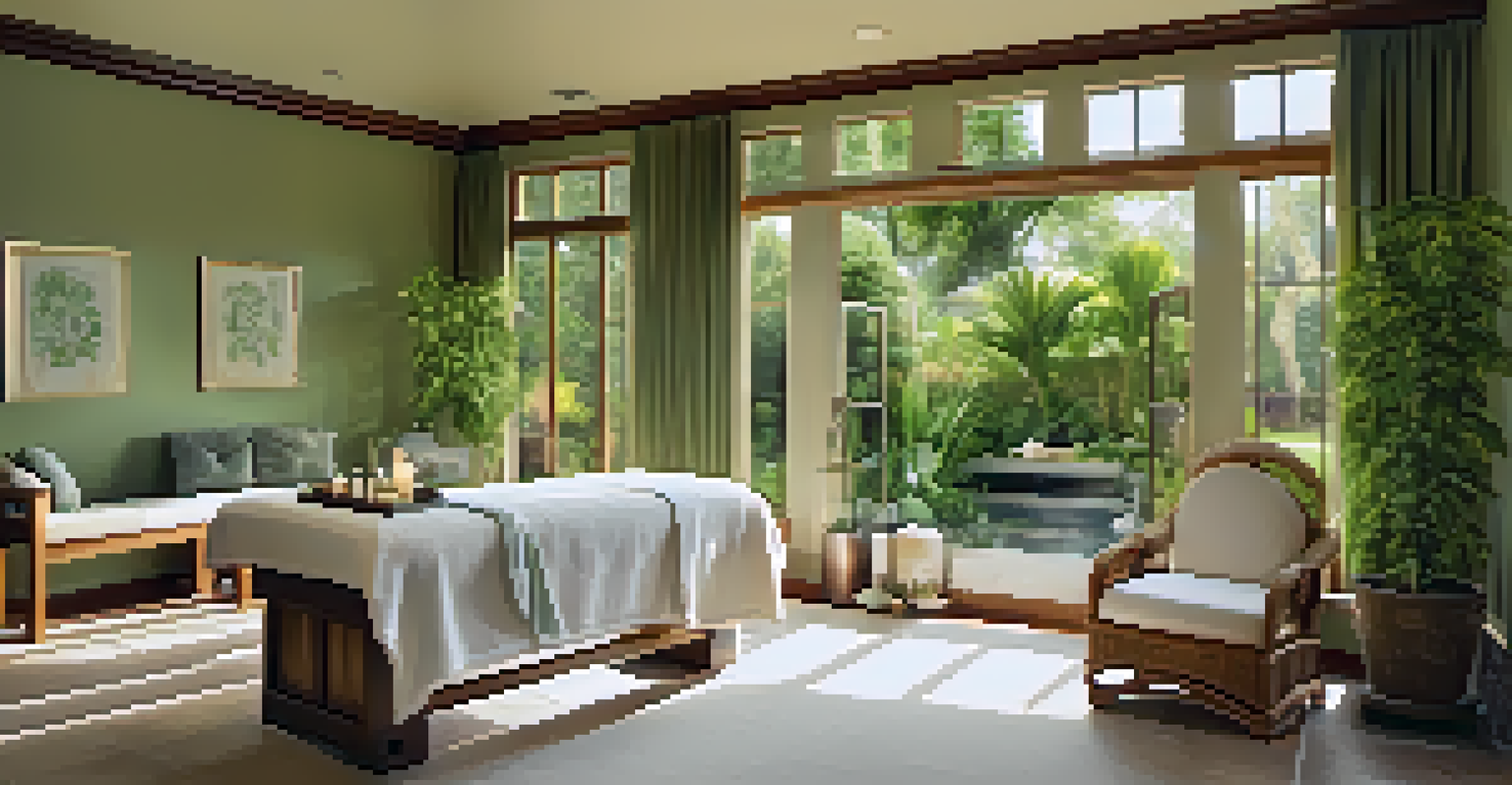 A spa treatment room with a massage table, candles, and plants, illuminated by natural light and overlooking a garden.