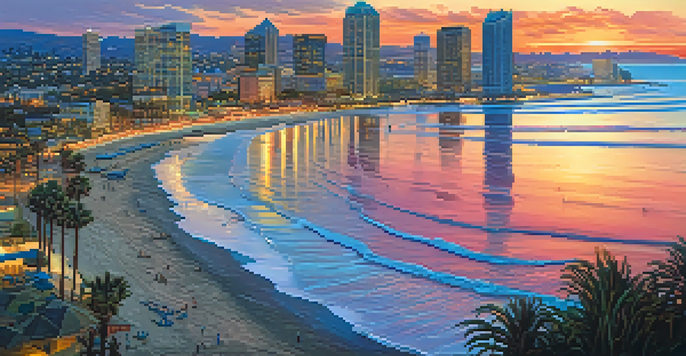 Aerial view of San Diego's coastline at sunset with vibrant sky colors and downtown skyline in the background.