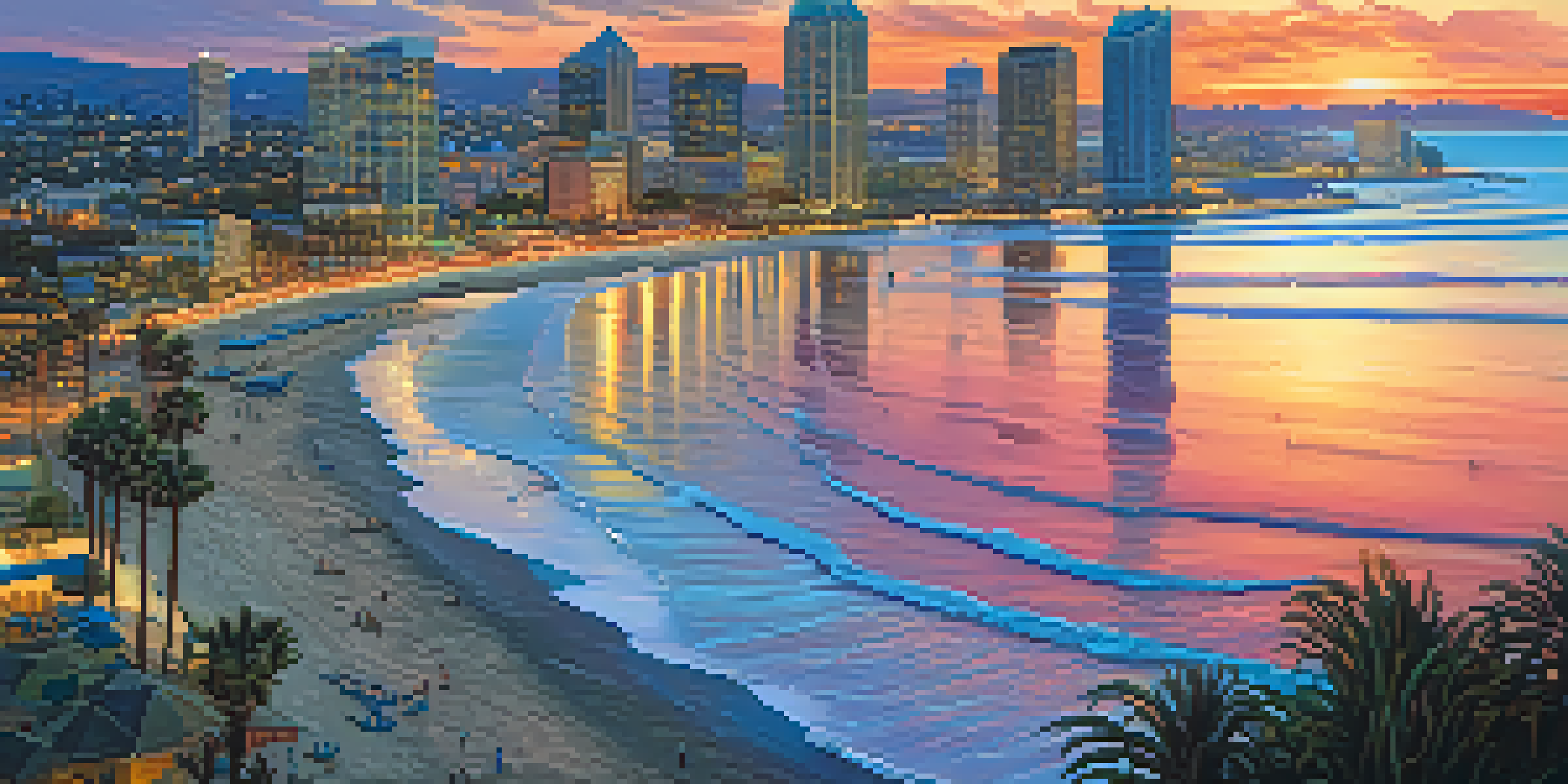 Aerial view of San Diego's coastline at sunset with vibrant sky colors and downtown skyline in the background.