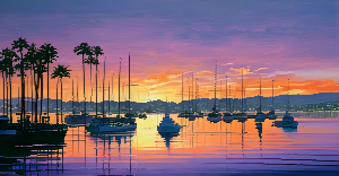 A sunset view of the San Diego coastline with naval ships in the harbor and palm trees in the foreground.