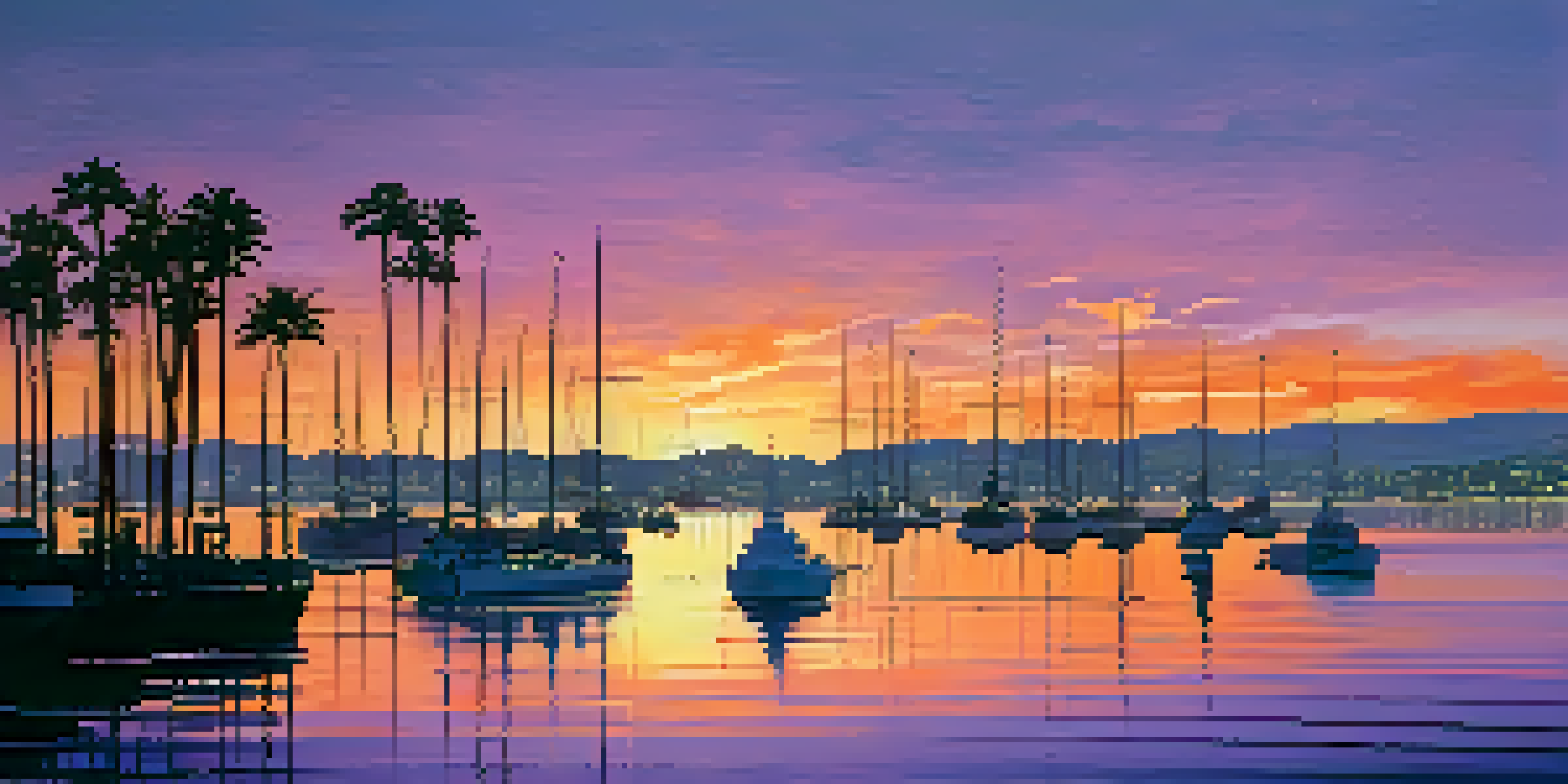 A sunset view of the San Diego coastline with naval ships in the harbor and palm trees in the foreground.