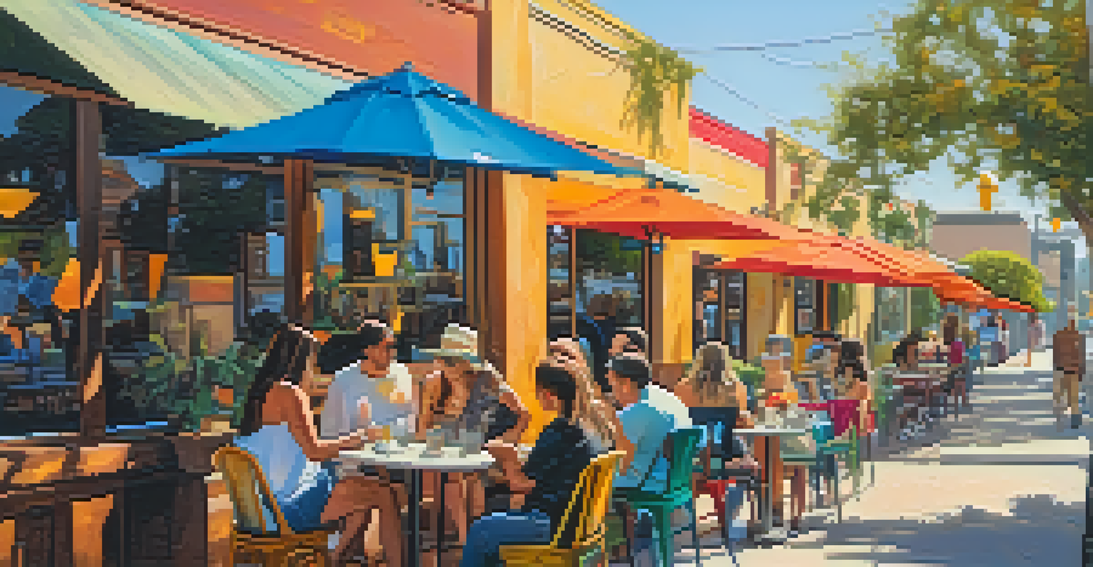 An outdoor café in North Park, San Diego with colorful murals, patrons enjoying their coffee, and blooming flowers creating a vibrant atmosphere.