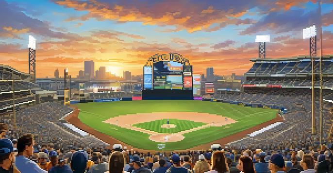 A wide-angle view of a baseball game at Petco Park, with fans enjoying the game and a beautiful sunset in the background.