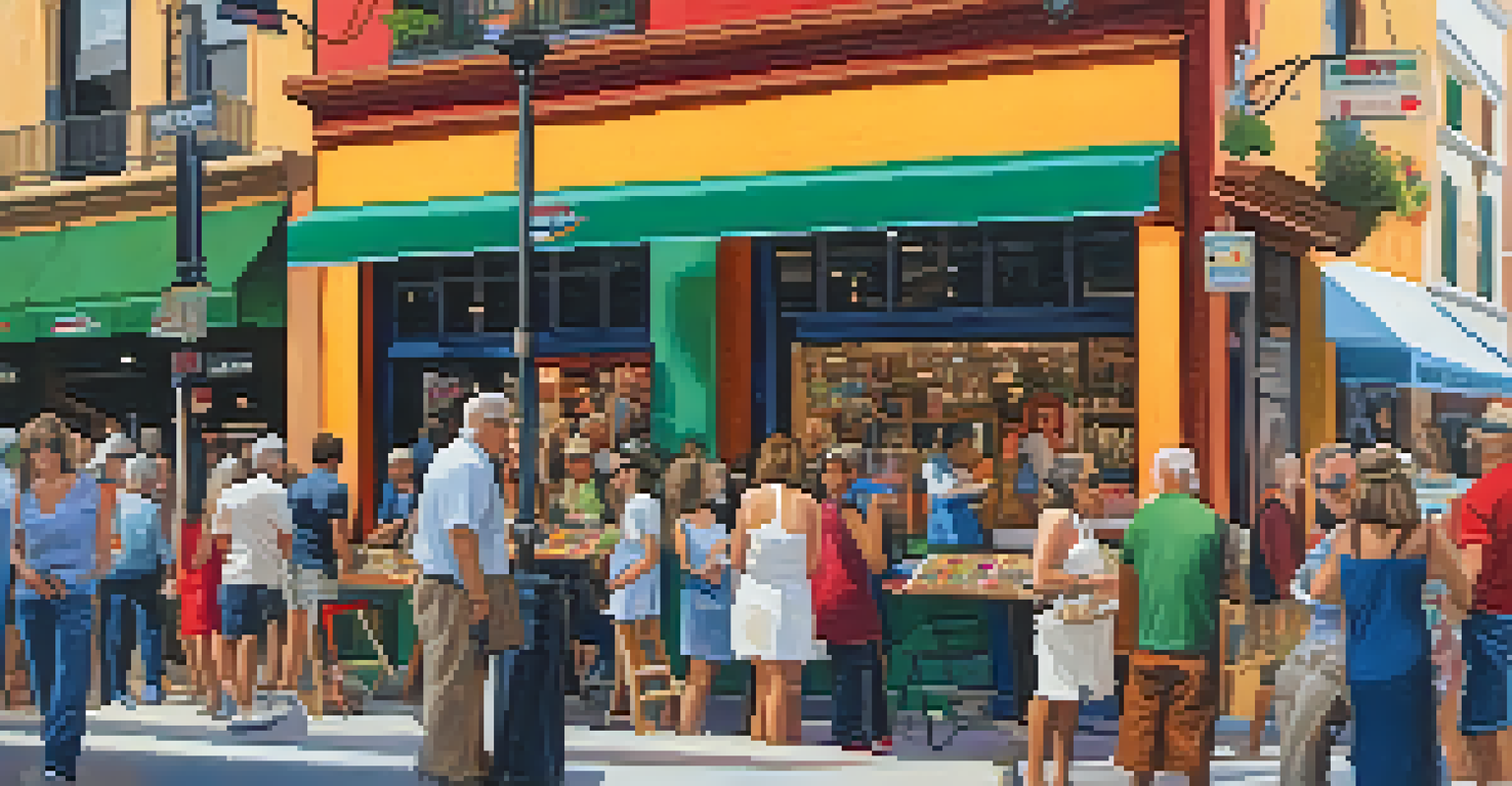 An outdoor art walk showcasing local artists and colorful art displays, with people enjoying the festive atmosphere.