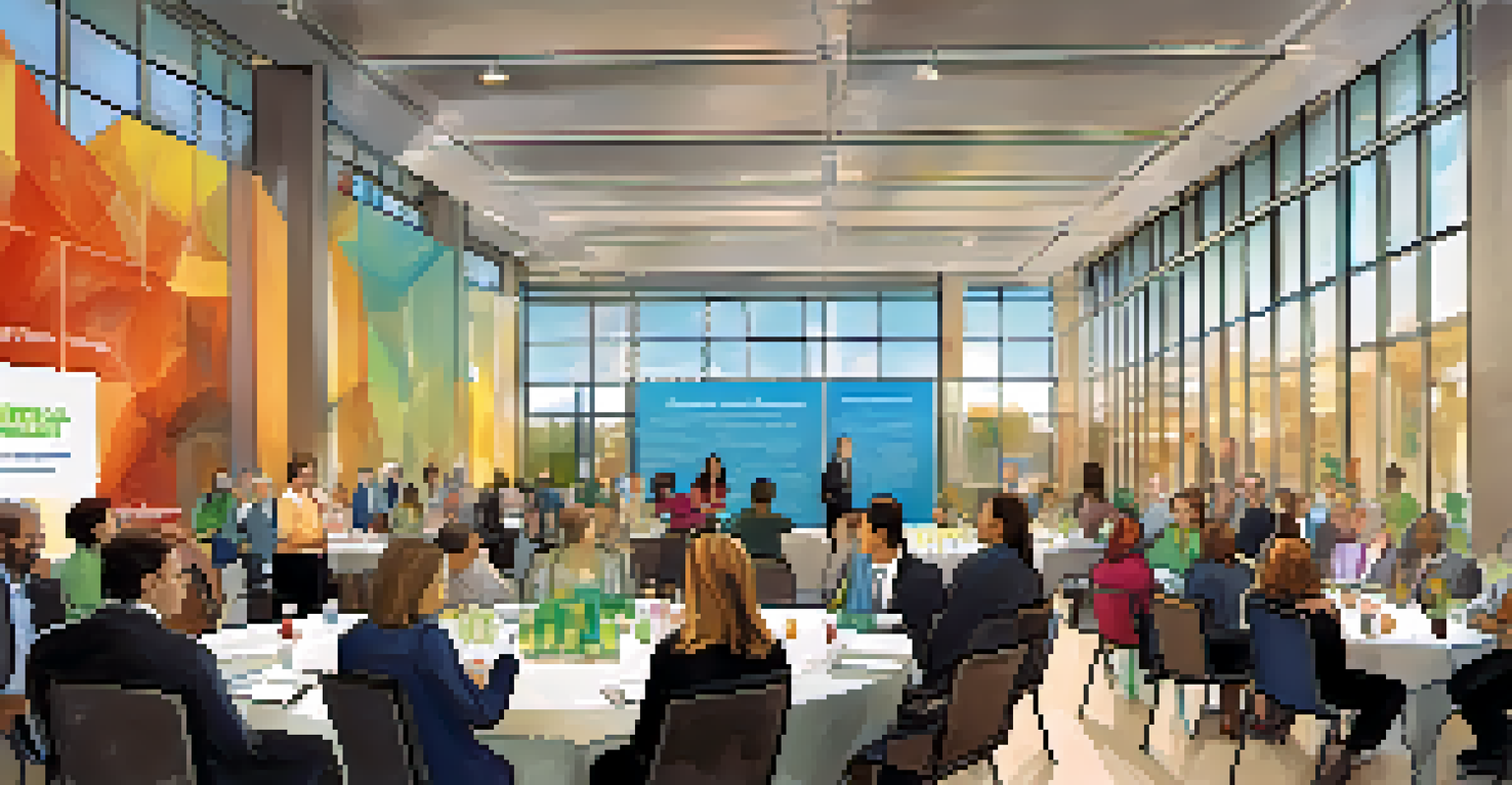 A networking event for biotech professionals in a modern conference hall in San Diego, with people engaged in conversation.