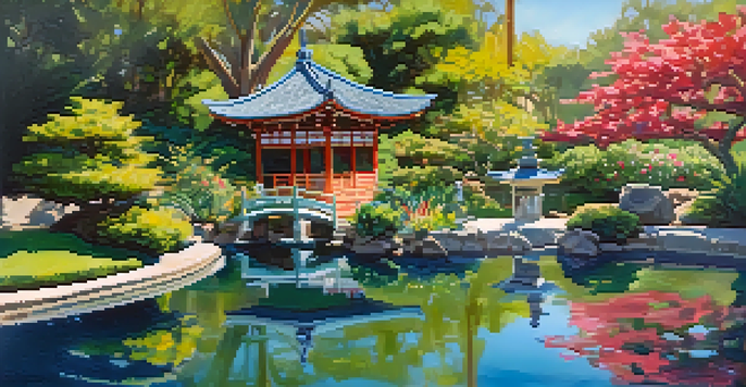 A peaceful Japanese garden featuring koi ponds and lush greenery, illuminated by soft sunlight.