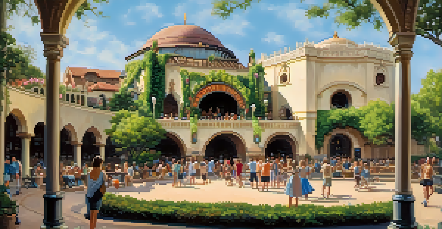 The Old Globe Theatre surrounded by greenery, with visitors enjoying a sunny day during the Shakespeare Festival.