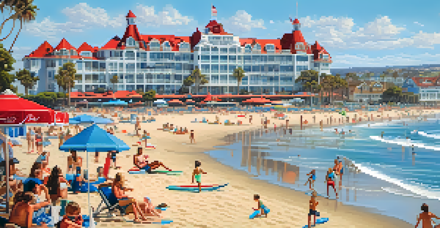 A busy day at Coronado Beach with families enjoying various beach activities and the Hotel del Coronado in the background.