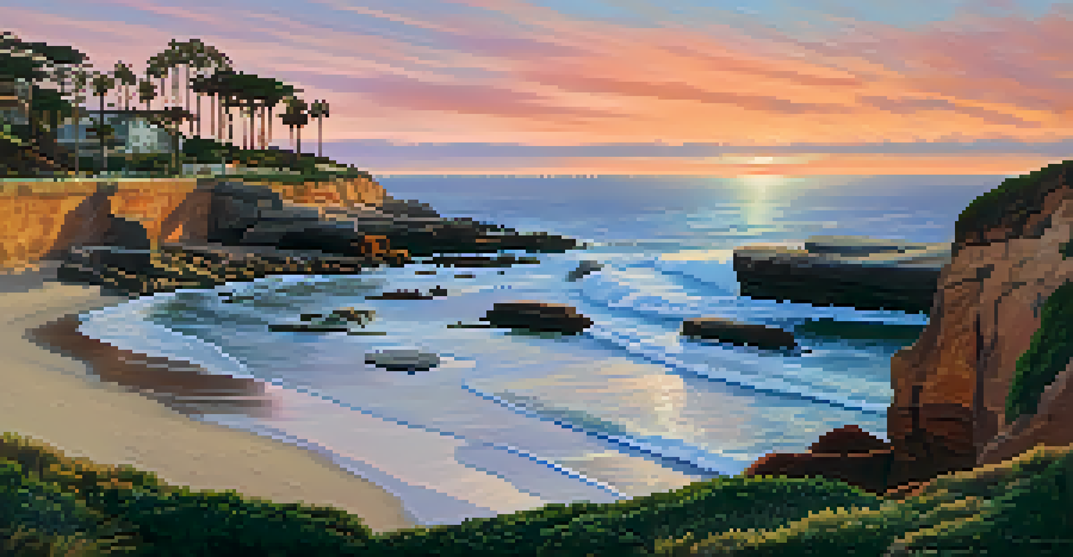Tranquil sunset at La Jolla Cove with dramatic cliffs and seals lounging on the rocks.
