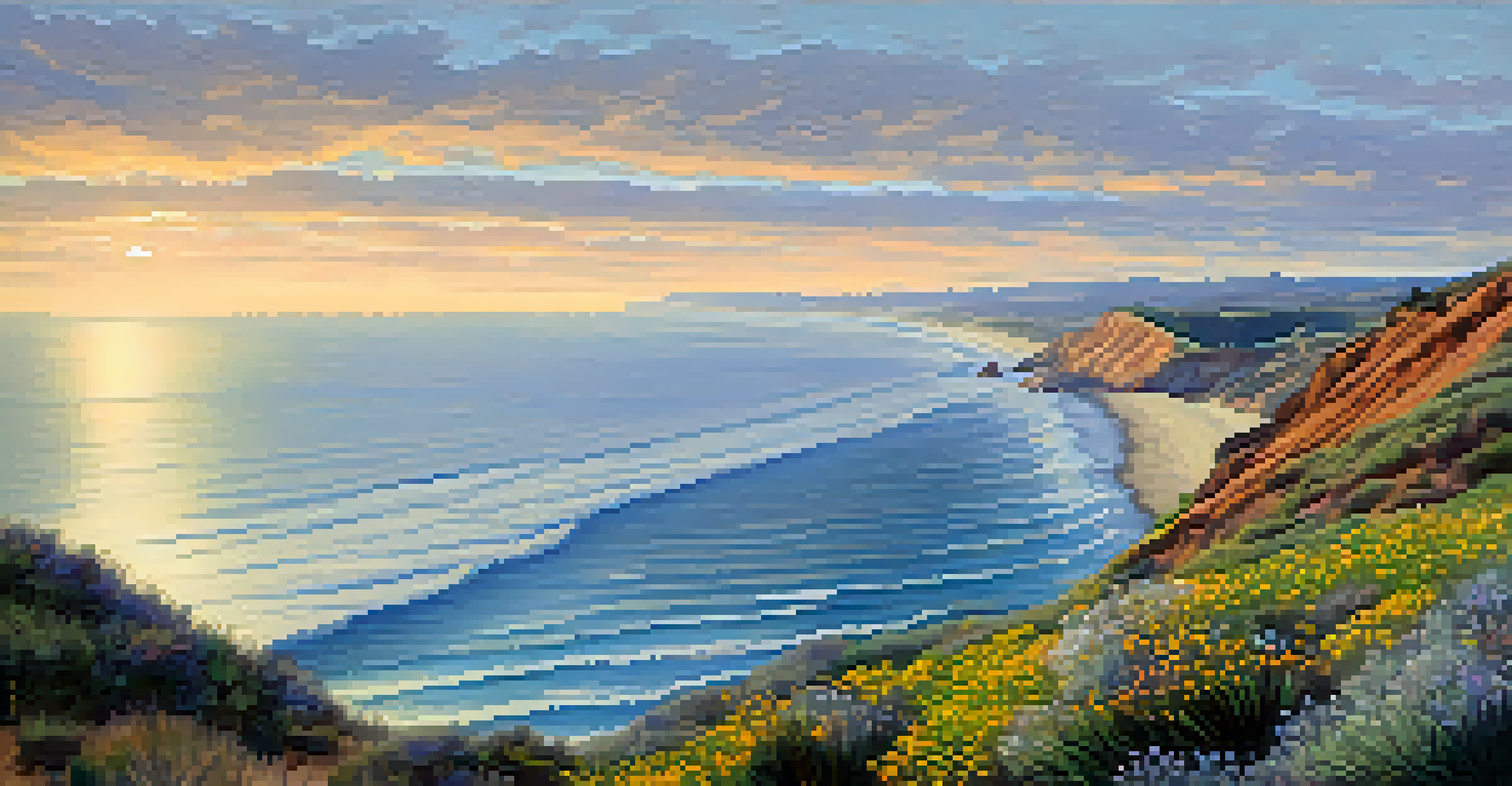 A beautiful view from Torrey Pines with blooming wildflowers, trails, and a gray whale spouting in the ocean below.