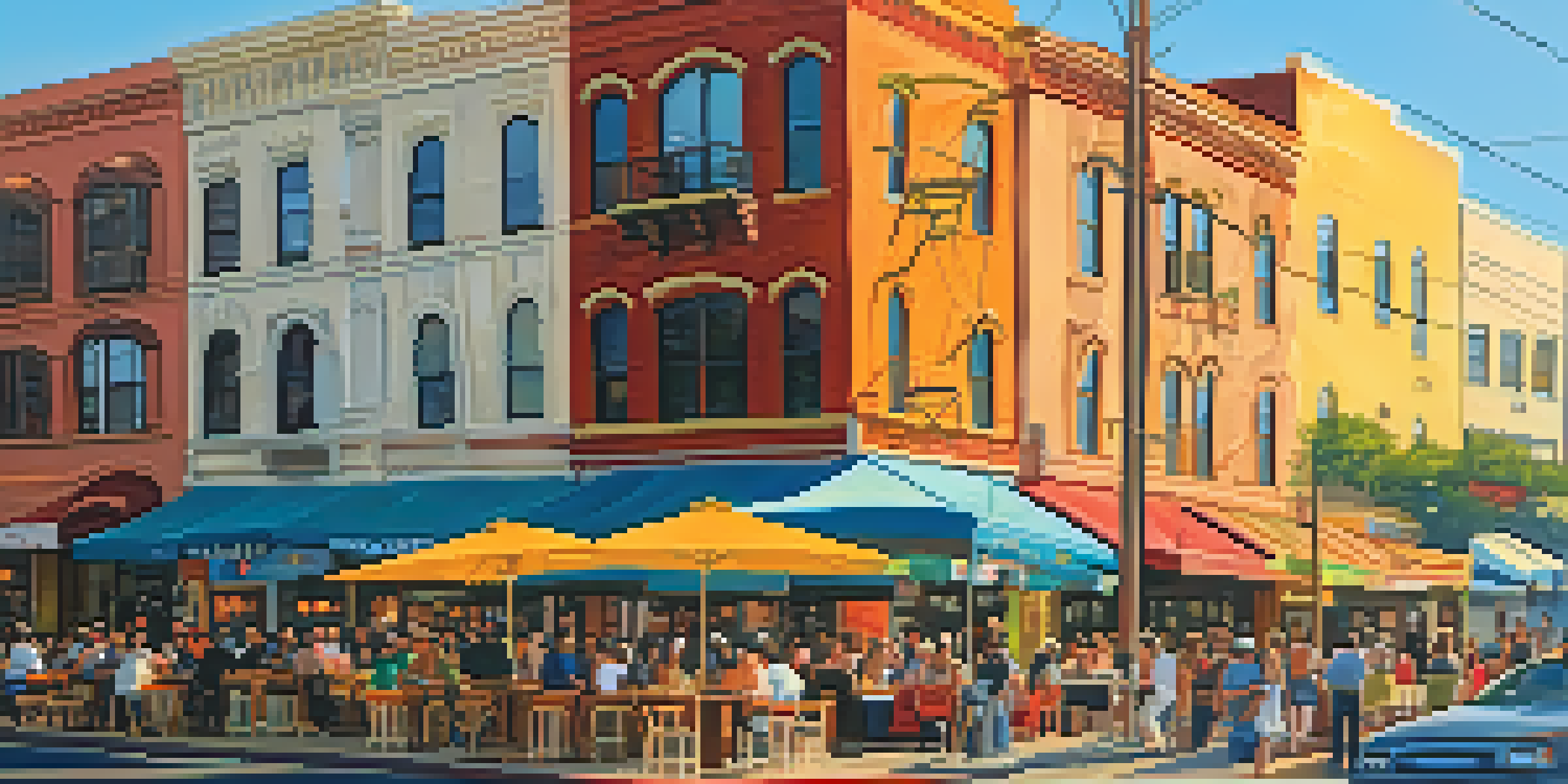 A lively street scene in Little Italy, featuring colorful murals, outdoor cafés, and market stalls under a warm sunset.