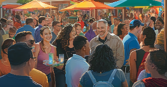 A lively scene at the San Diego LGBTQ Center with diverse individuals conversing and supporting each other, surrounded by colorful decor and warm lighting.