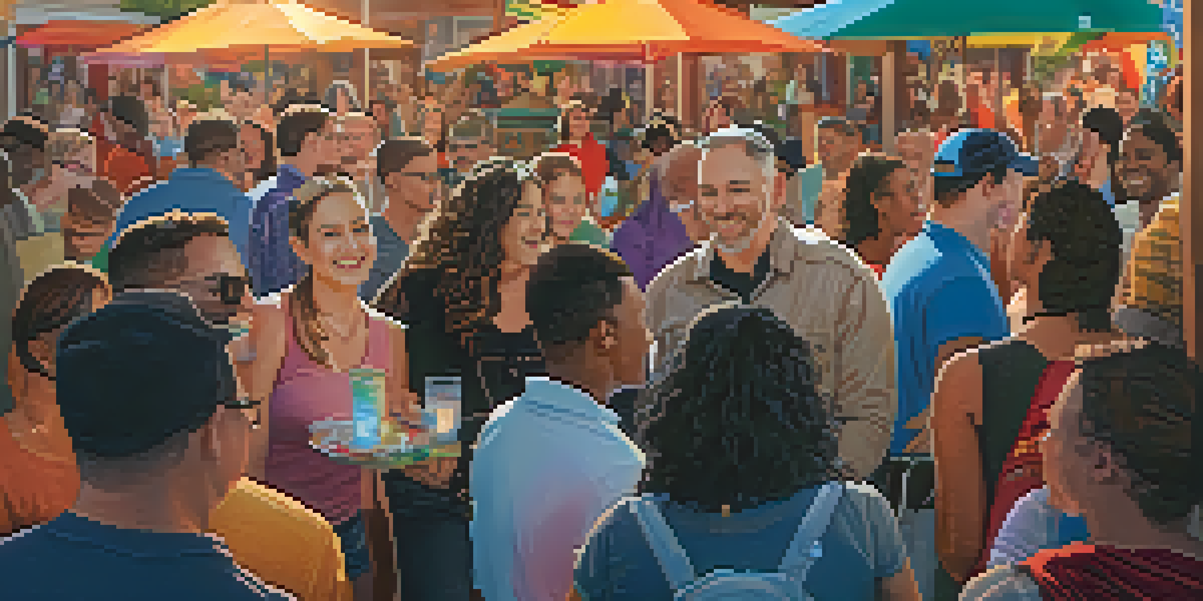 A lively scene at the San Diego LGBTQ Center with diverse individuals conversing and supporting each other, surrounded by colorful decor and warm lighting.