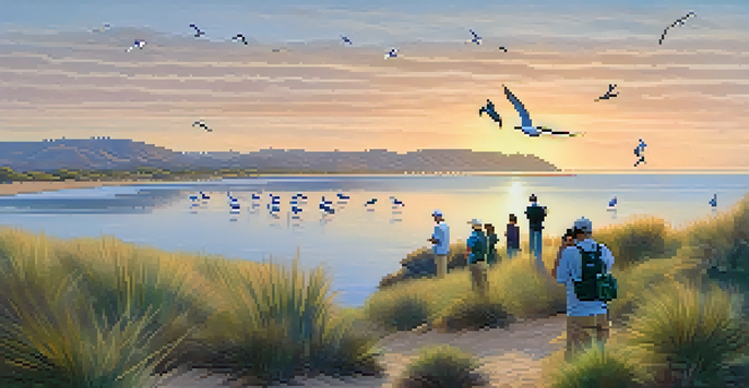 A group of birdwatchers observing shorebirds at sunrise by San Diego Bay, with lush greenery and soft pastel colors in the sky.