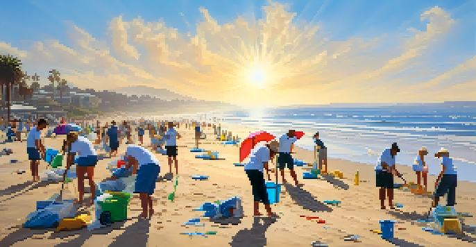 Volunteers of various backgrounds cleaning the beach in San Diego under a bright sun, with ocean waves in the background.