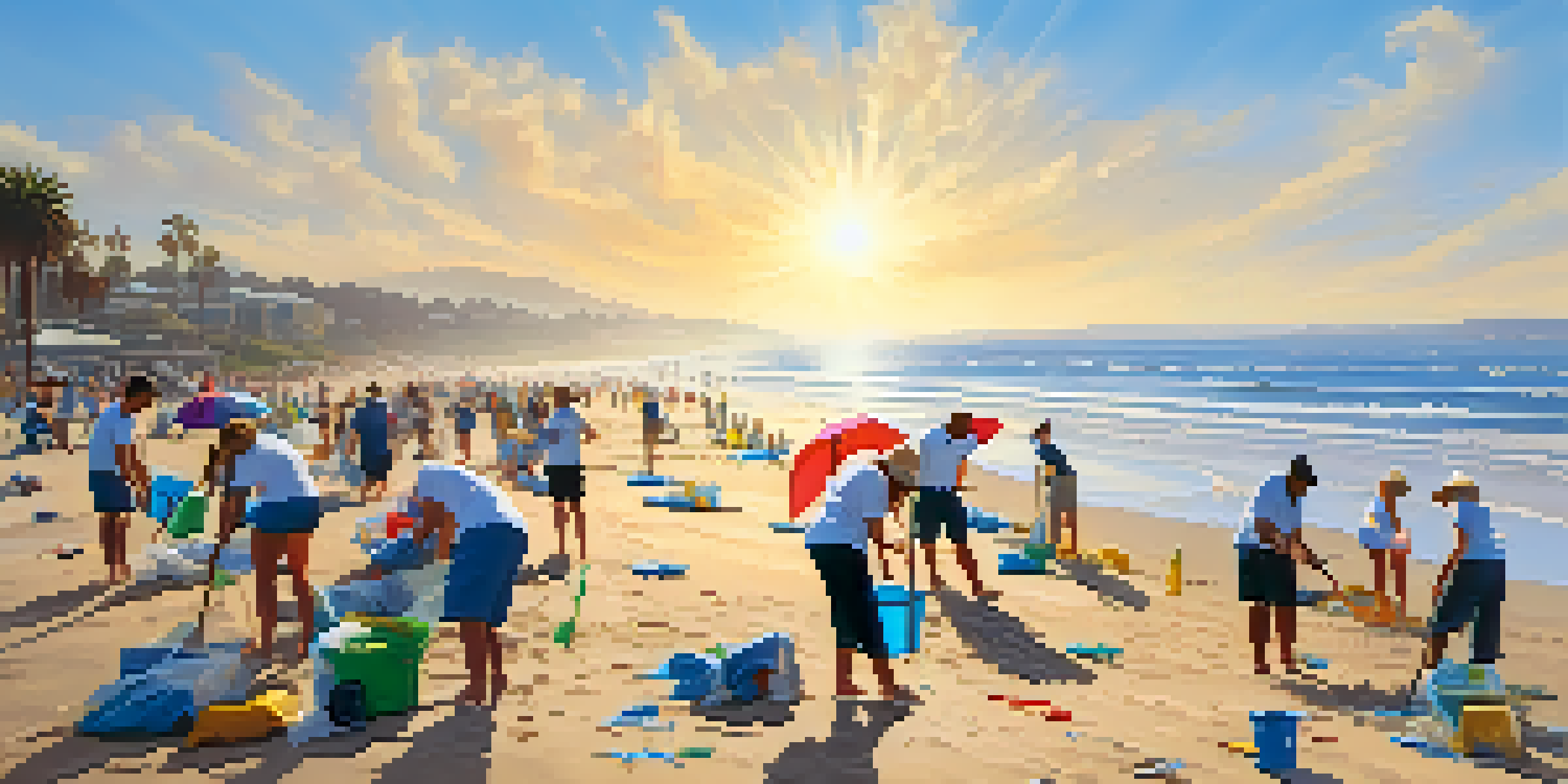 Volunteers of various backgrounds cleaning the beach in San Diego under a bright sun, with ocean waves in the background.
