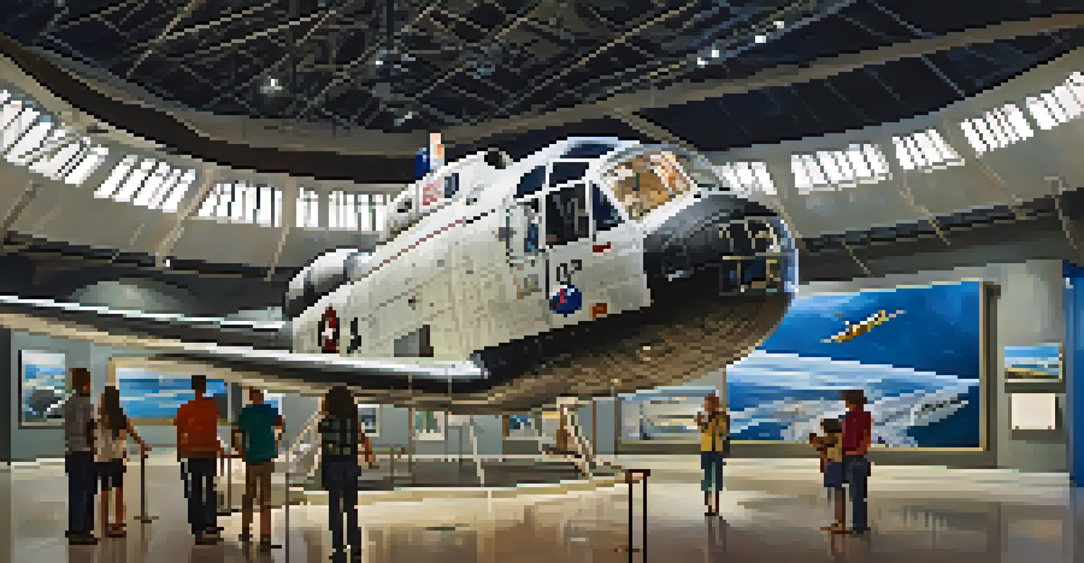 Inside the San Diego Air and Space Museum, showcasing historical aircraft and interactive exhibits with visitors engaging.