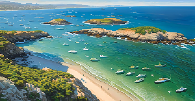 Aerial view of San Diego coastline with marine protected areas, featuring kelp forests and rocky reefs under a bright blue sky.