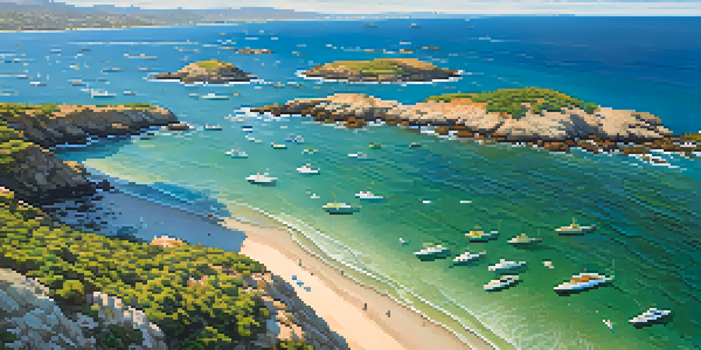 Aerial view of San Diego coastline with marine protected areas, featuring kelp forests and rocky reefs under a bright blue sky.