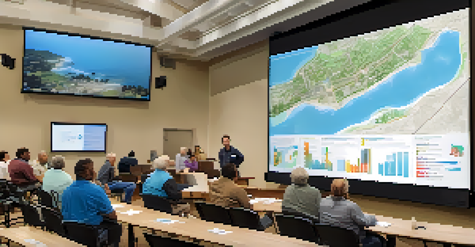 Residents engaged with an interactive digital map during a community meeting, discussing coastal areas and strategies.