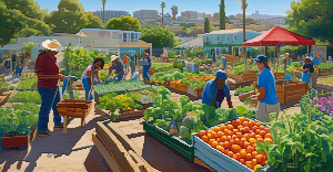 A lively urban community garden in San Diego with diverse people gardening together amidst colorful plants and flowers.
