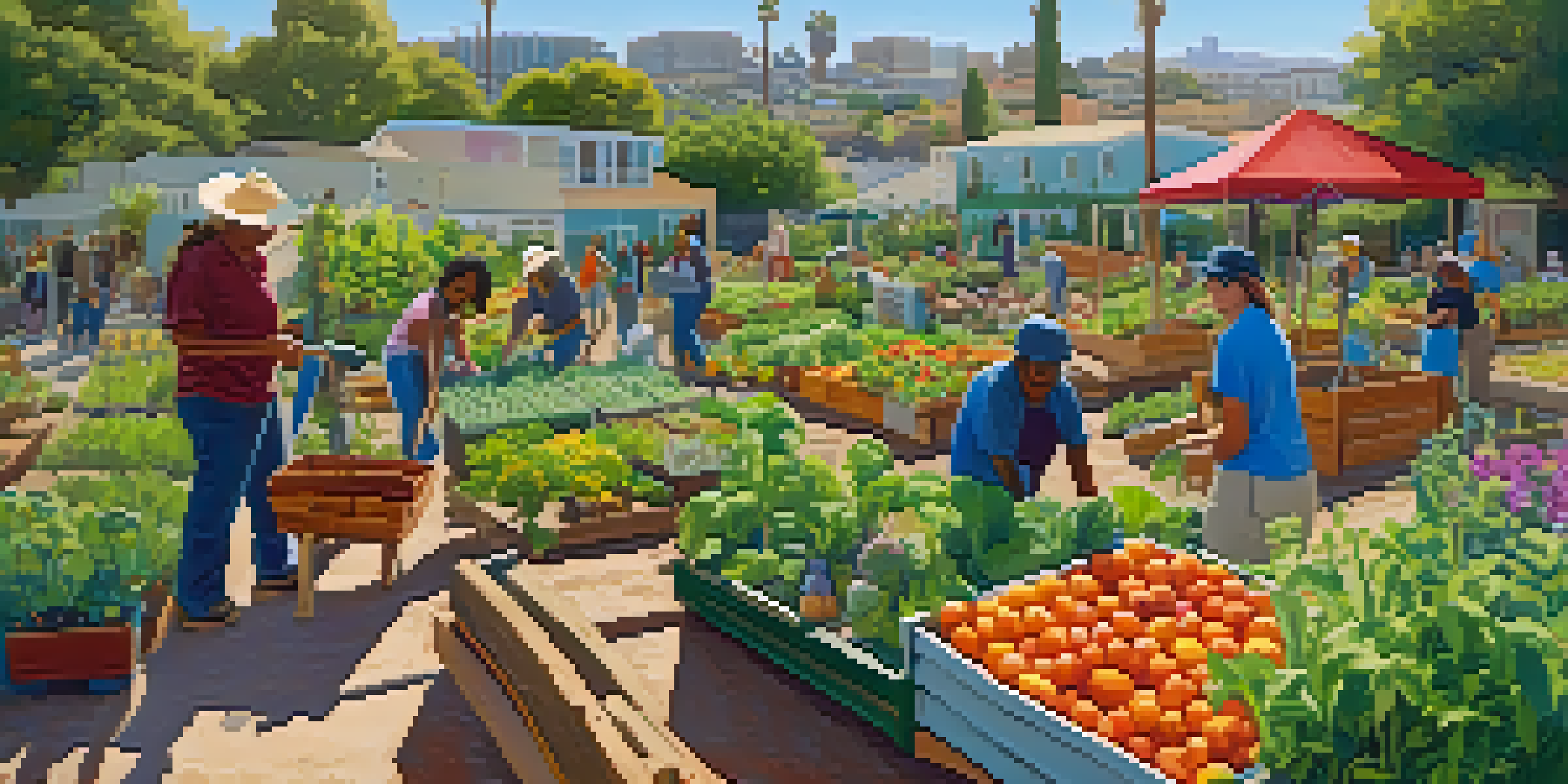 A lively urban community garden in San Diego with diverse people gardening together amidst colorful plants and flowers.