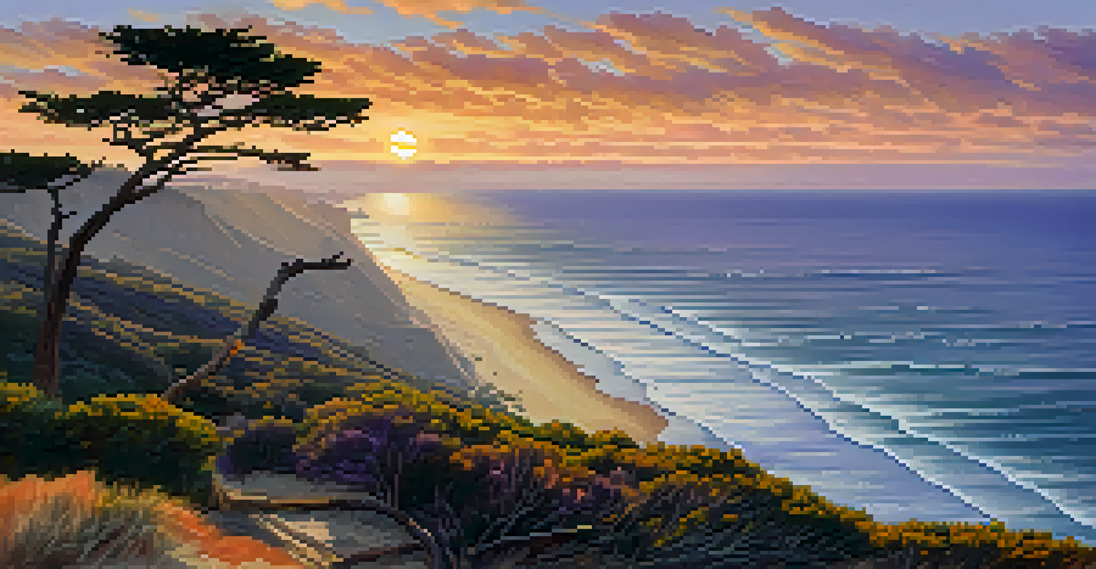 A breathtaking coastal view from Torrey Pines with the ocean, cliffs, and sunset colors in the sky.