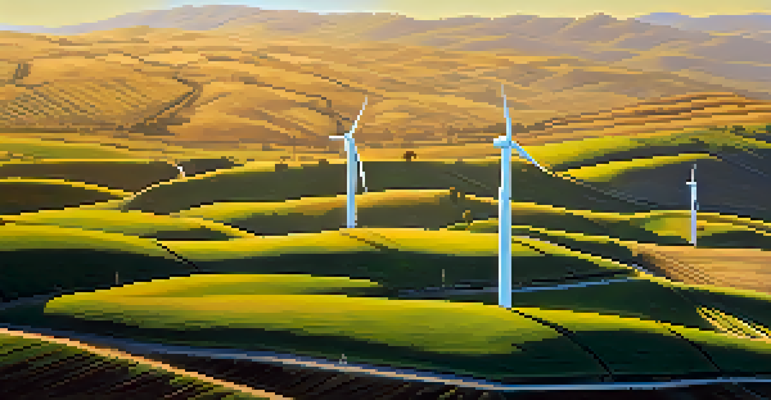 An aerial view of the Kumeyaay Wind Farm with wind turbines and rolling hills in the background.
