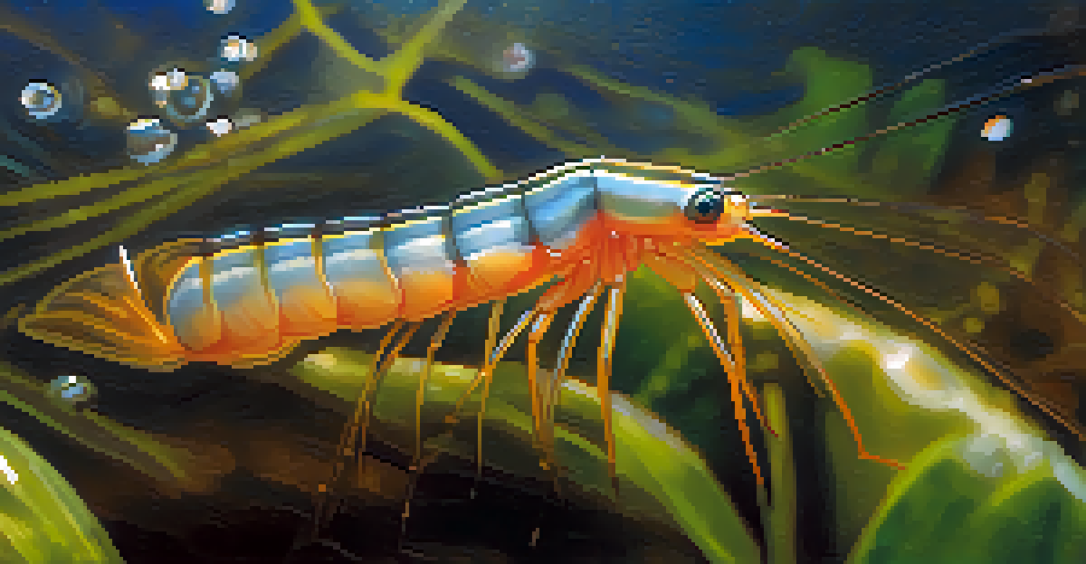 A close-up of a San Diego fairy shrimp swimming in a clear vernal pool, surrounded by aquatic plants.