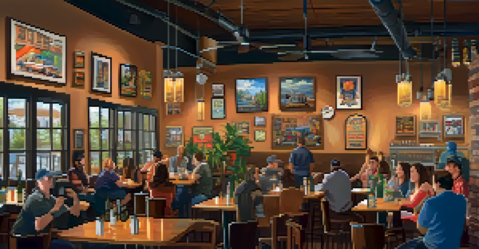 The interior of Modern Times brewery with eclectic art, seating, and patrons enjoying a flight of colorful craft beers.