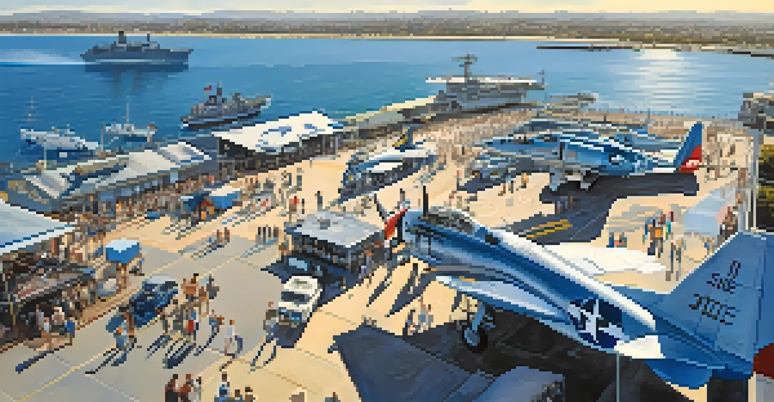 Aerial view of the USS Midway Museum with visitors on the deck and aircraft, surrounded by the blue ocean.