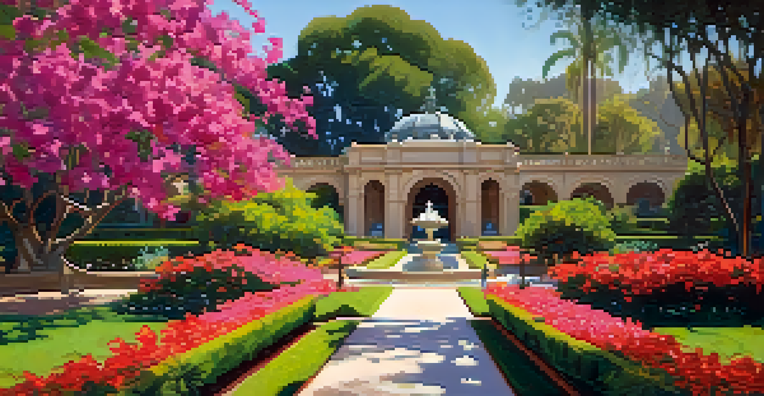 A peaceful garden pathway in Balboa Park, surrounded by flowers and the San Diego Museum of Art in the background.