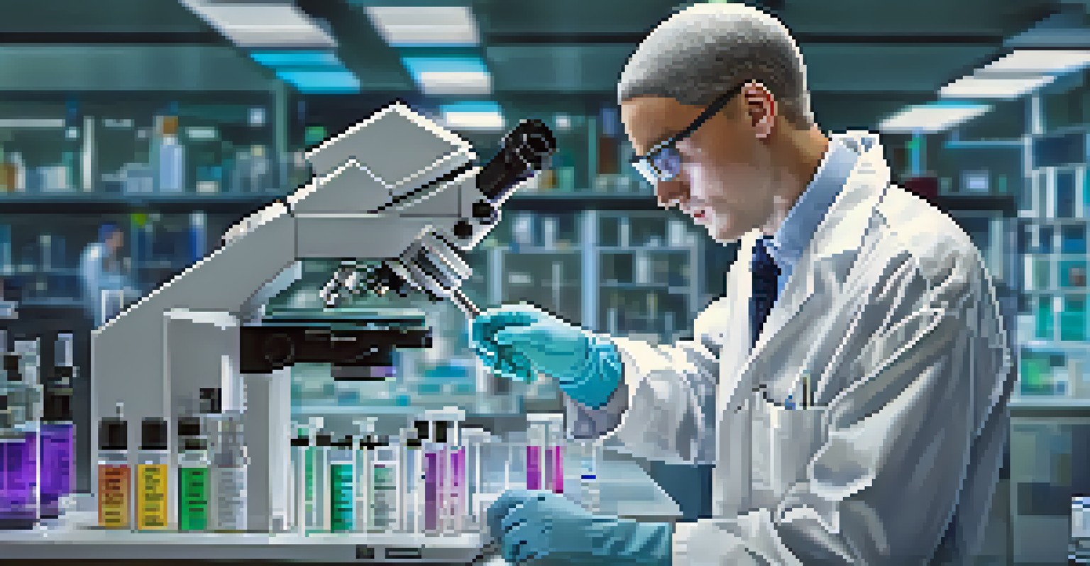 A researcher in a lab coat looking through a microscope in a modern lab filled with technology, showcasing the details of cancer research.