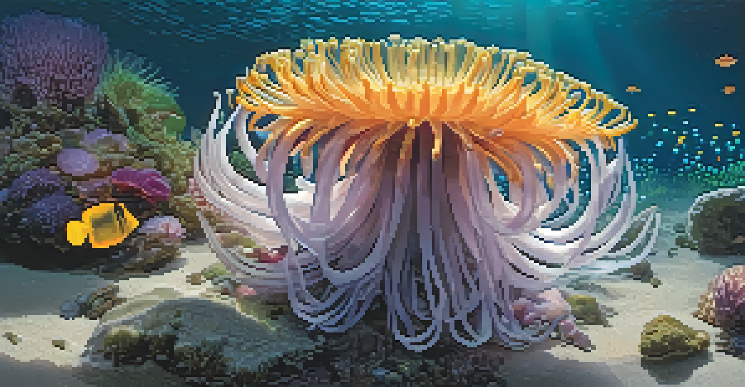 A close-up of a sea anemone with colorful tentacles and small fish swimming around it, illuminated by soft lighting.