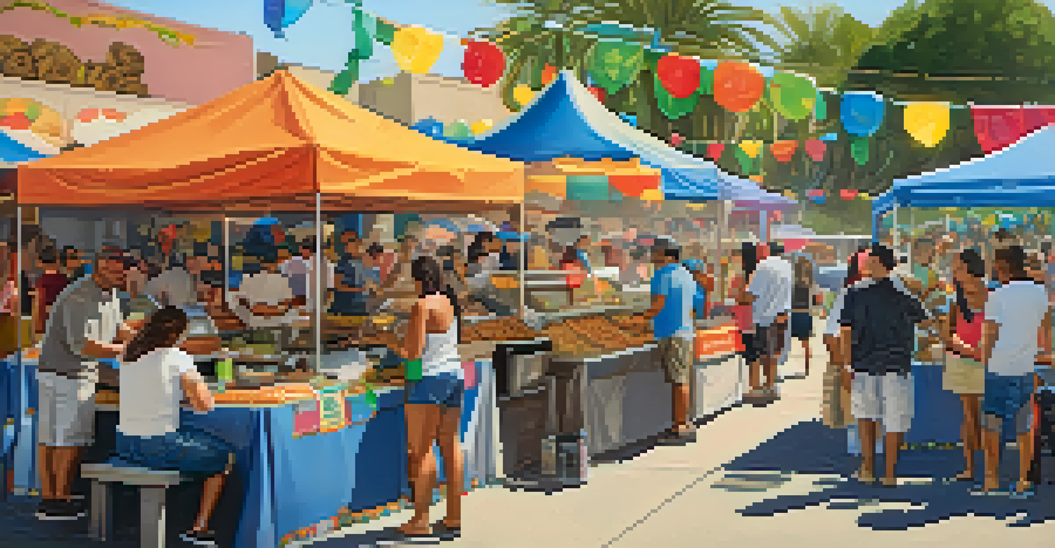 A bustling taco festival in San Diego with vendors, happy attendees, and colorful decorations.