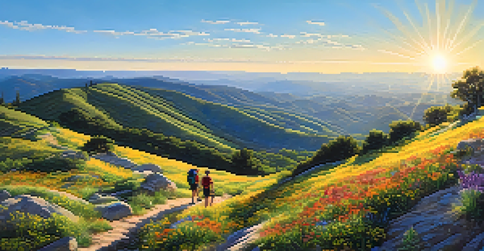 A scenic view from the top of Iron Mountain Trail with rolling hills, vibrant wildflowers, and hikers enjoying the view under a blue sky.