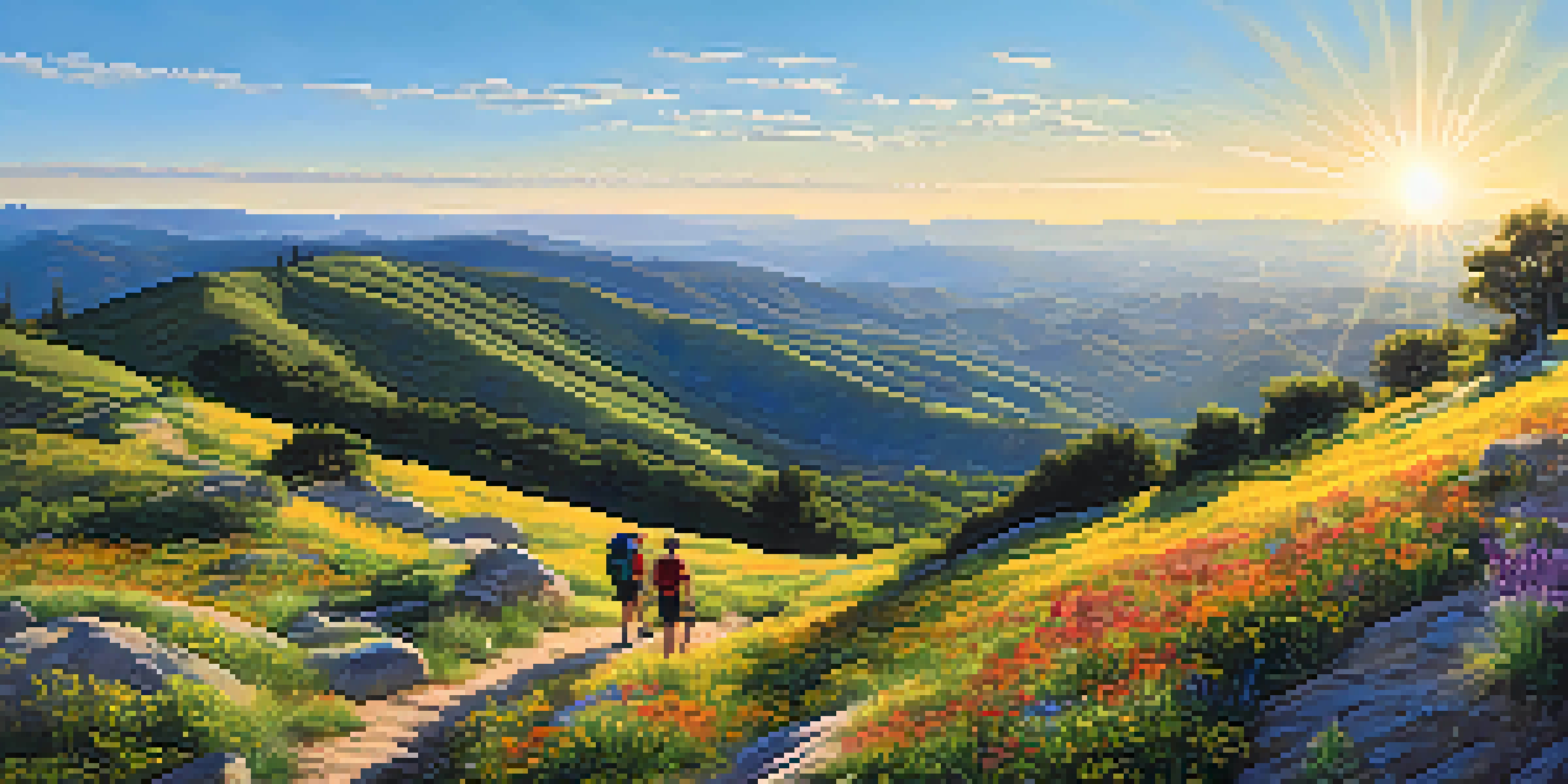 A scenic view from the top of Iron Mountain Trail with rolling hills, vibrant wildflowers, and hikers enjoying the view under a blue sky.