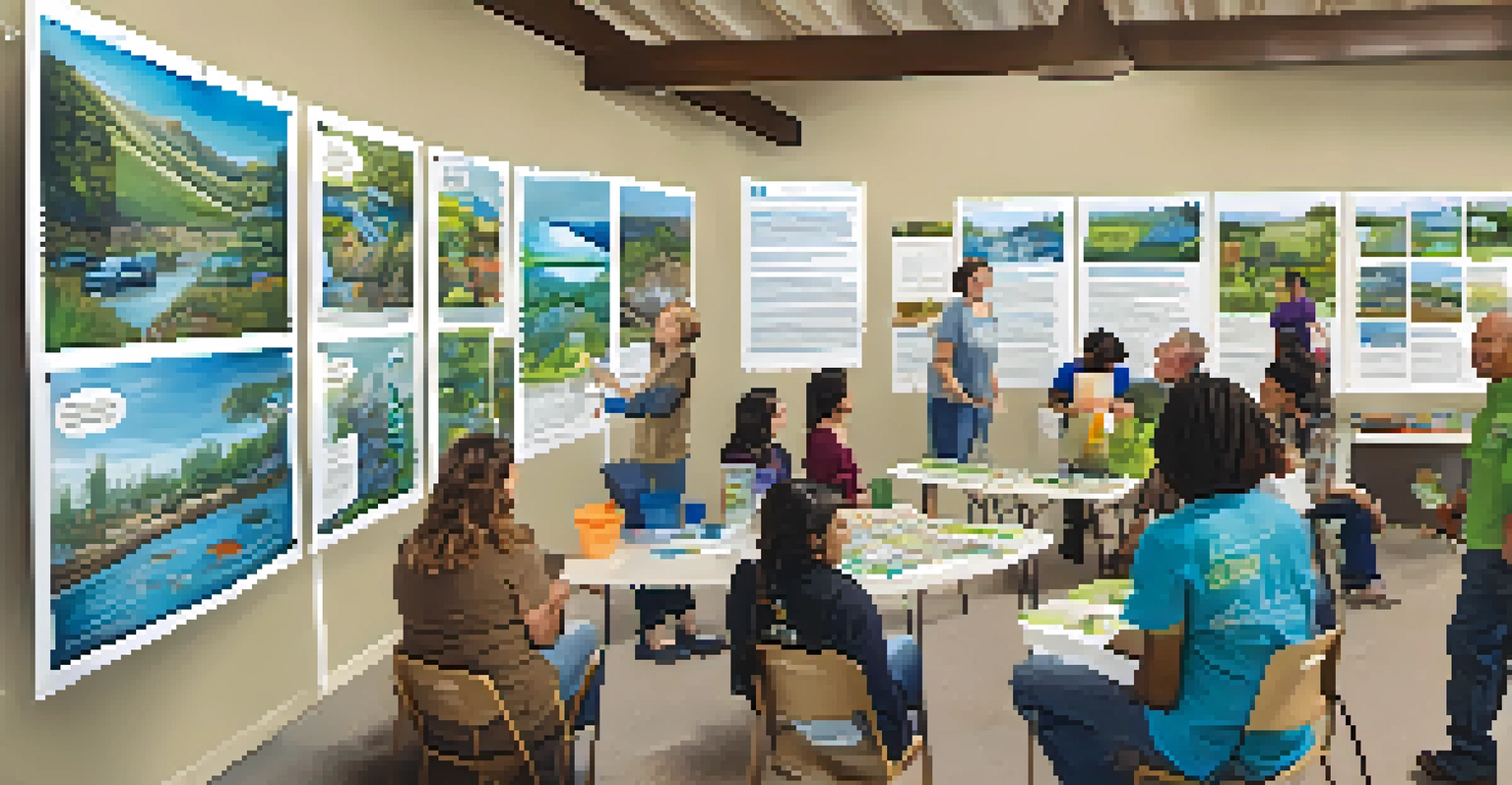 Residents participating in a water conservation workshop, with informative posters and water-saving appliances on display.