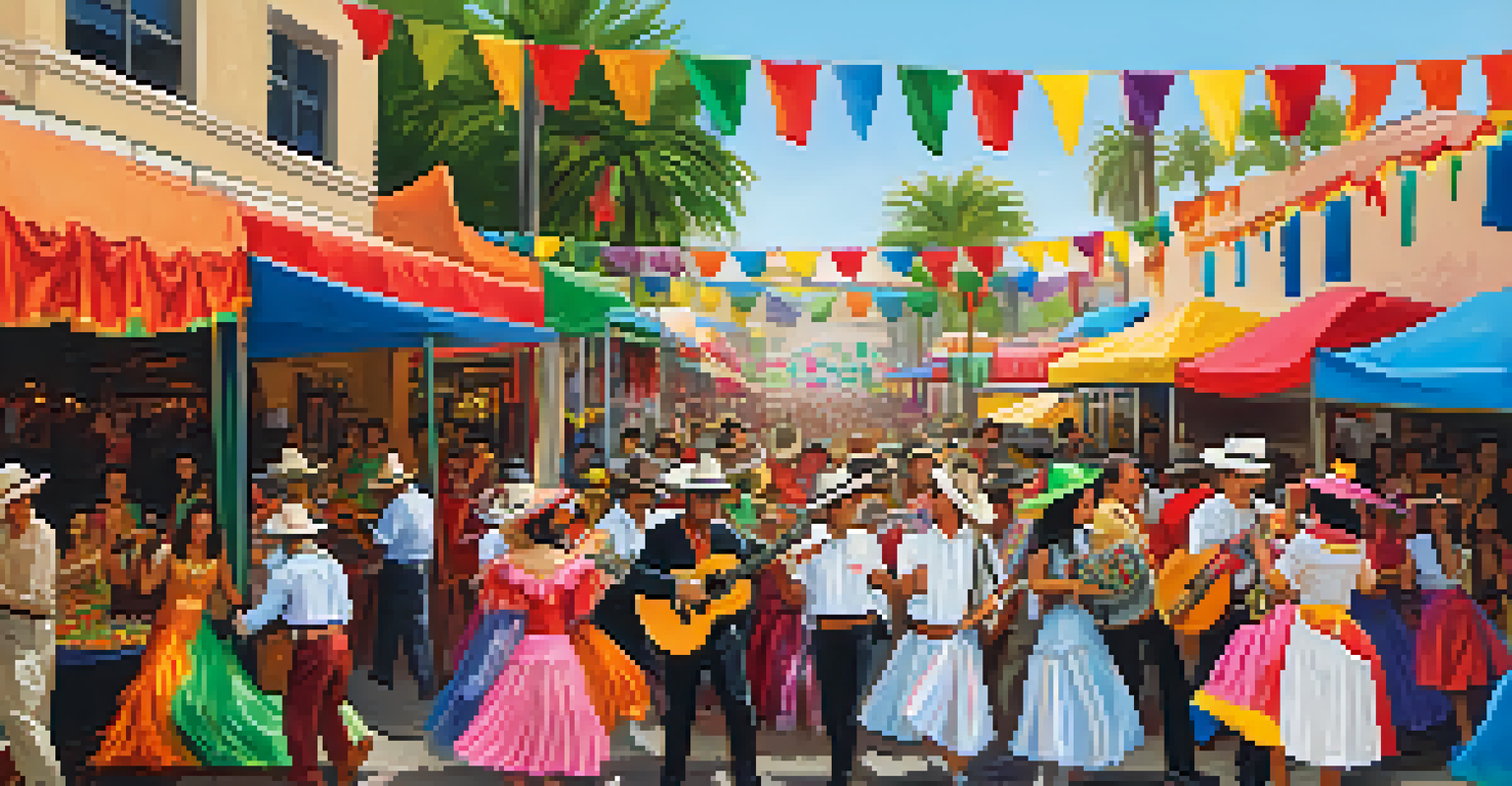 A lively street scene during the Fiesta Baja festival, showcasing traditional dancers, food stalls, and colorful decorations.
